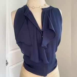 Navy blue sleeveless button down office wear sheer flowy spring Medium blouse